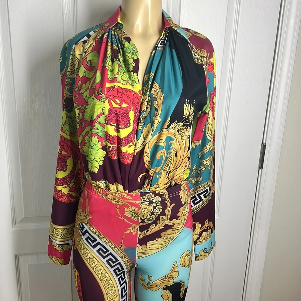 Unique 2 pcs body suit and pants, colorful print, size L - Picture 2 of 6